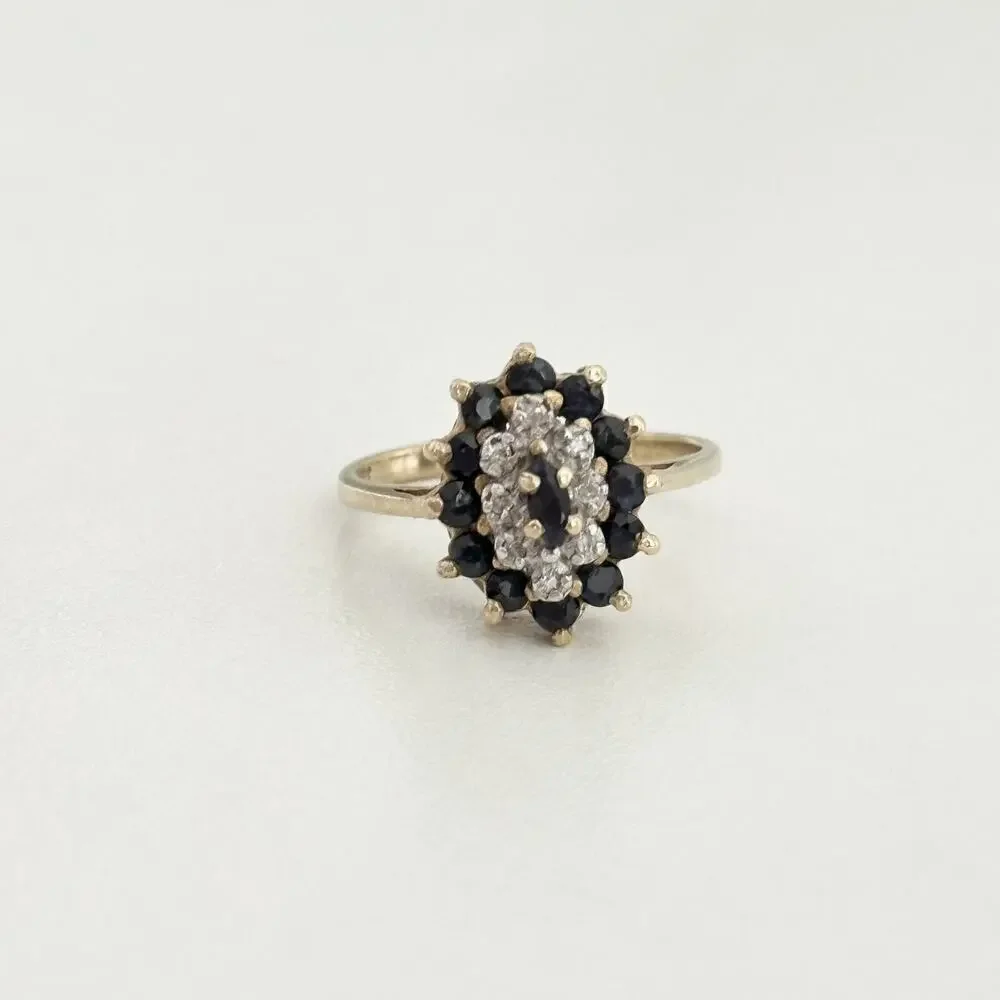 Vintage 10K Yellow Gold Sapphire & Diamond Halo Cluster Ladies Band Ring Size 6